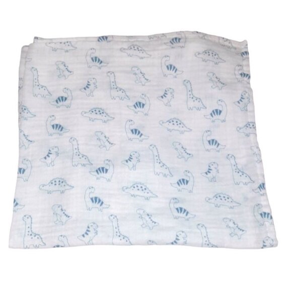 H&M Blue Dinosaur Baby White Muslin Security Blanket Lovey 25" X 23" - Picture 1 of 3